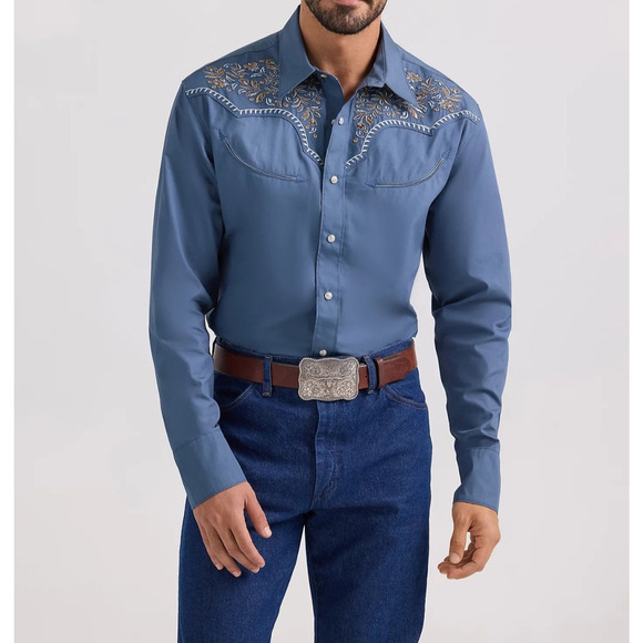 Wrangler Rodeo Ben Western Snap Shirt Blue 112360119 Sz. L NWT - Picture 3 of 8